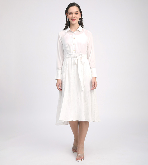 Belted Long Sleeves Midi Dress