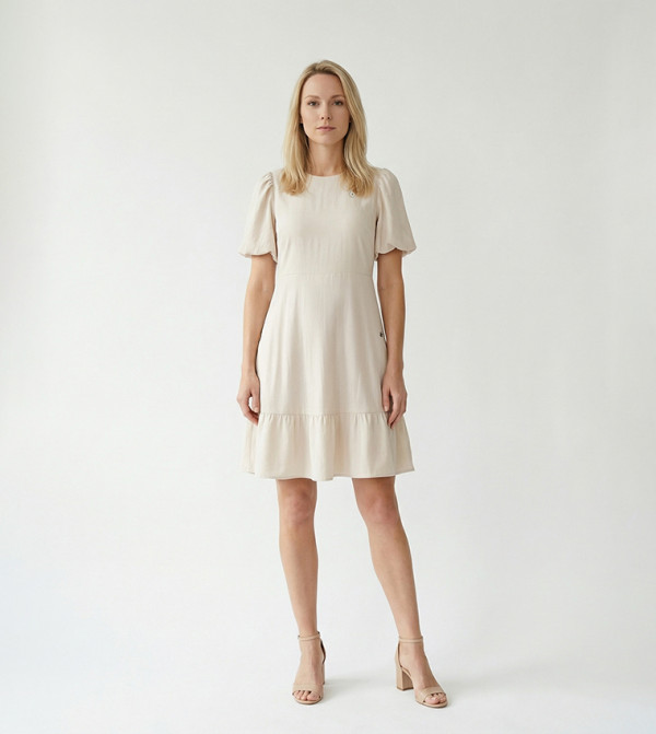 Solid Puff Sleeves Mini Dress