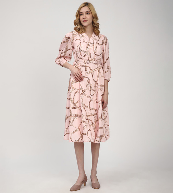 Patterned V-Neck Midi Dress