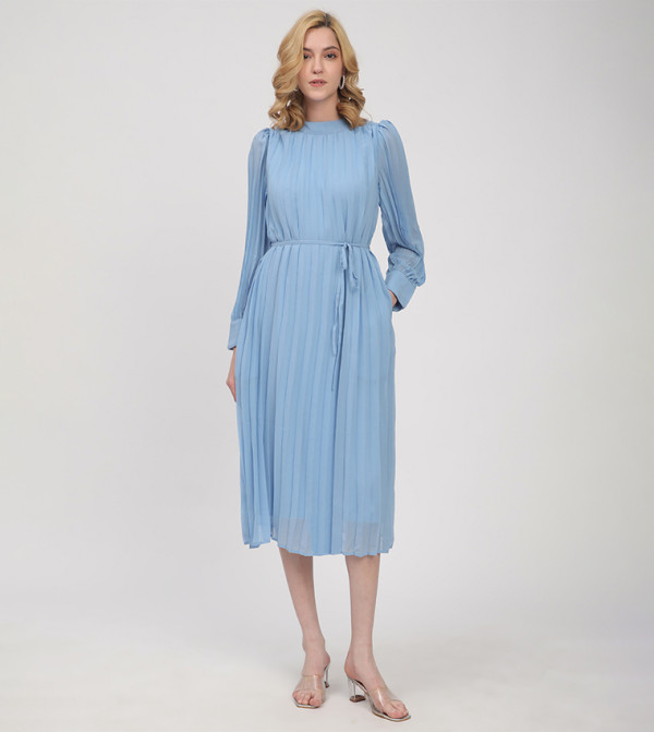 Pleated Long Sleeves Midi Dress