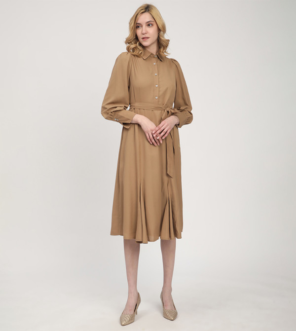 Solid Belted Long Sleeves Shirt Dress