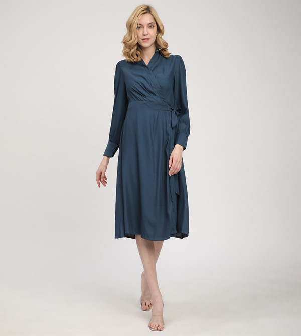 Solid Long Sleeves Wrap Shirt Dress