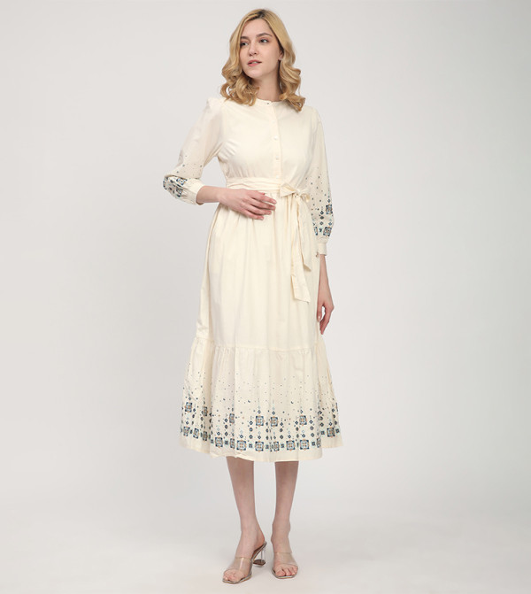 Embroidered Mandarin Collar Midi Dress