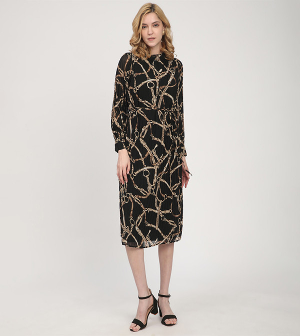 Patterned Long Sleeves Midi Dress