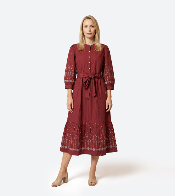 Embroidered Balloon Sleeves Midi Dress