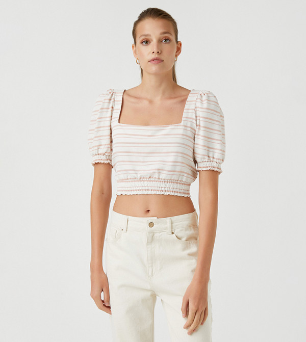 Striped Square Neck Puff Sleeves Cropped Top