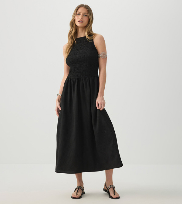 Solid Smocked High Neck Midi Dress