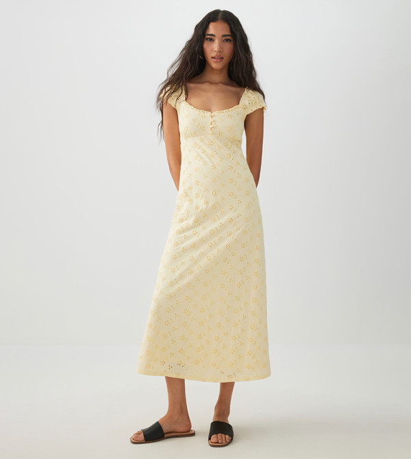 Openwork Cap Sleeves Empire Midi Dress