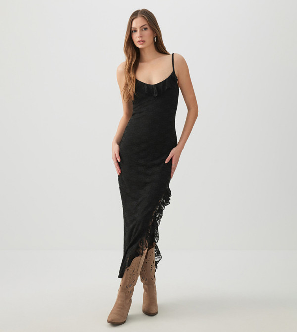 Lace Ruffle Hem Bodycon Maxi Dress