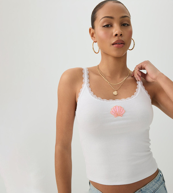 Buy Ardene Embellished Scoop Neck Lace Trim Cami Top In White