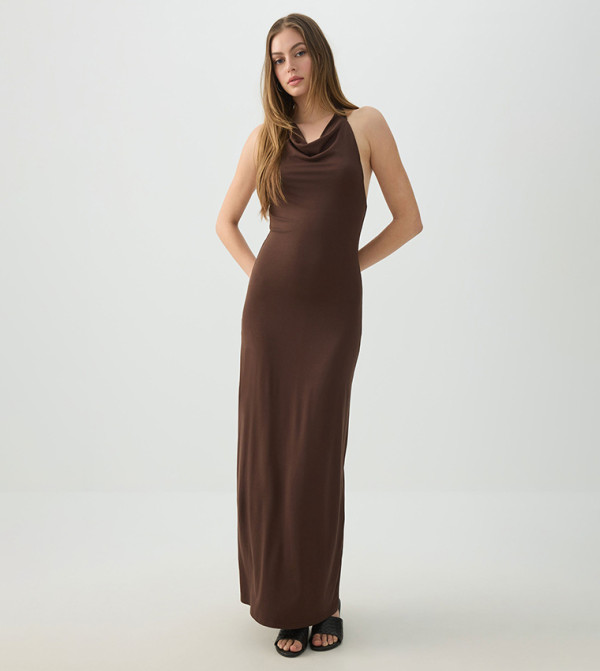 Solid Cowl Neck Halterneck Maxi Dress