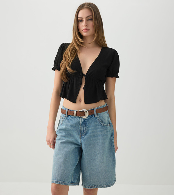 Textured Tie-Up Neck Puff Sleeves Cropped Top