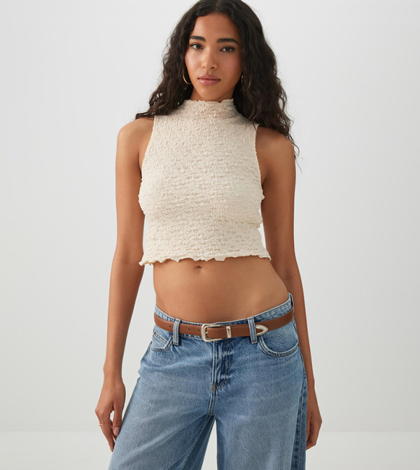 Textured Mock Neck Crop Top