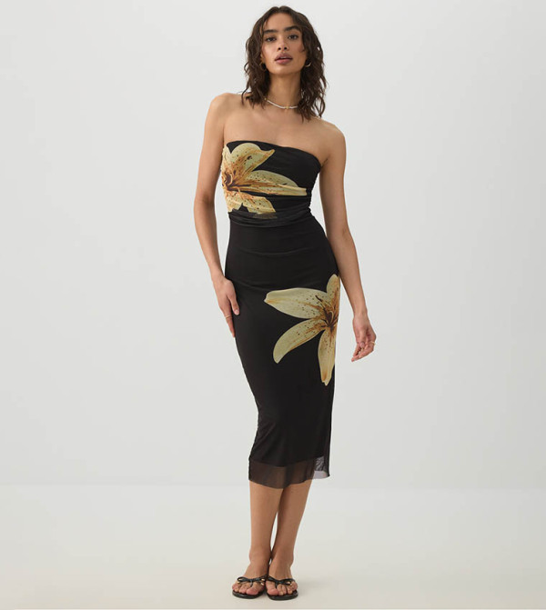 Patterned Mesh Strapless Midi Dress