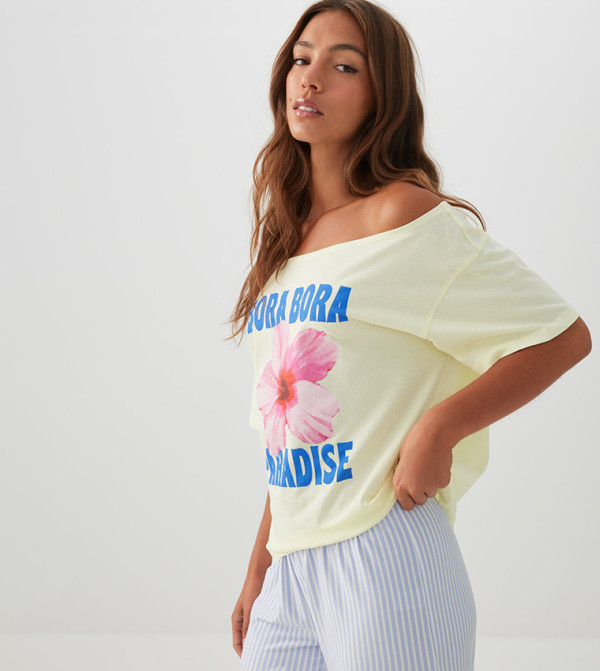 Printed Off Shoulder Oversized Sleep T-Shirt