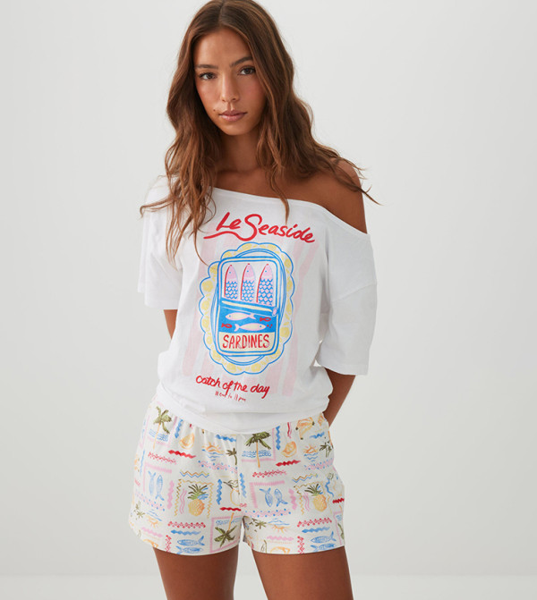 Printed Off Shoulder Oversized Sleep T-Shirt