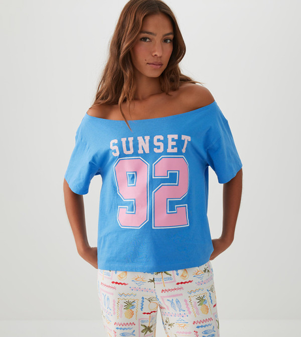 Printed Off Shoulder Oversized Sleep T-Shirt