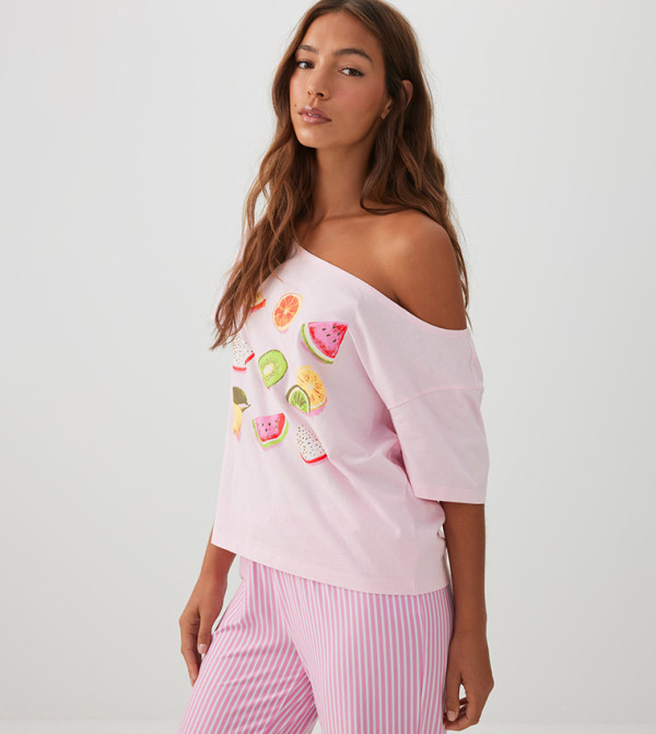 Printed Off Shoulder Oversized Sleep T-Shirt