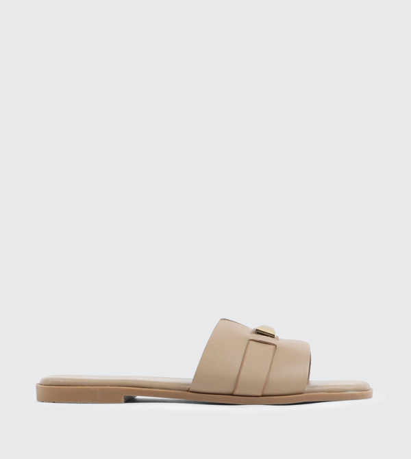 Metal Accent One Band Flat Sandals