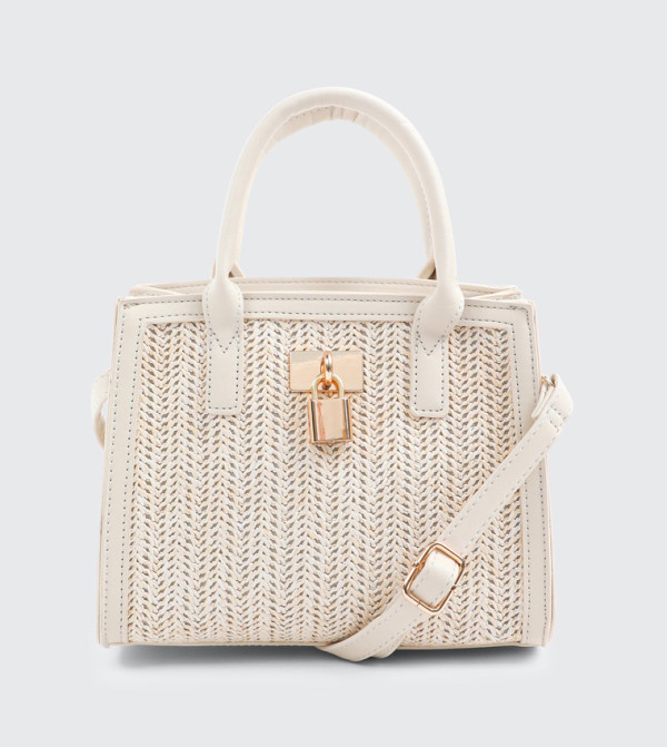 Raffia Satchel Bag with Padlock Detail