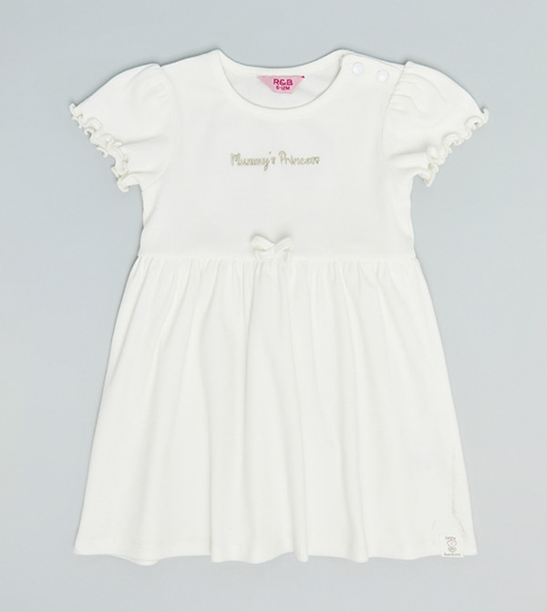 Embroidery Detail Flared Dress with Crew Neck and Puff Sleeves