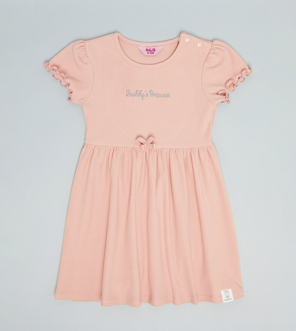 Embroidery Detail Flared Dress with Crew Neck and Puff Sleeves