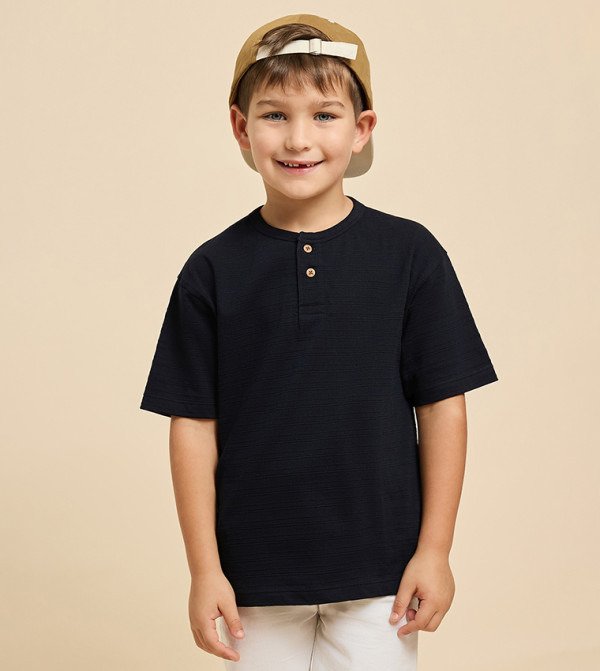Textured T-Shirt with Henley Neck and Short Sleeves
