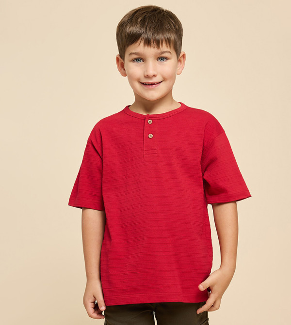 Textured T-Shirt with Henley Neck and Short Sleeves