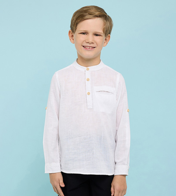 Solid Shirt with Mandarin Collar & Long Sleeves