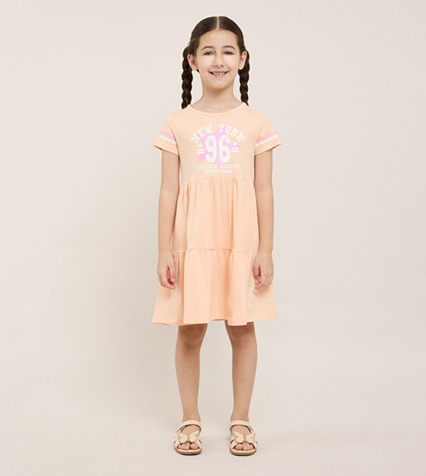 Printed Flared Dress with Crew Neck and Short Sleeves