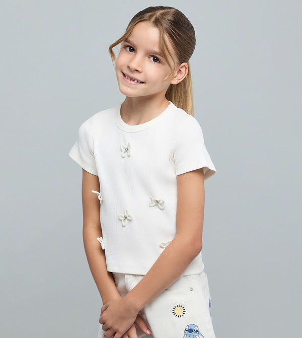 Appliqued Top with Crew Neck and Short Sleeves