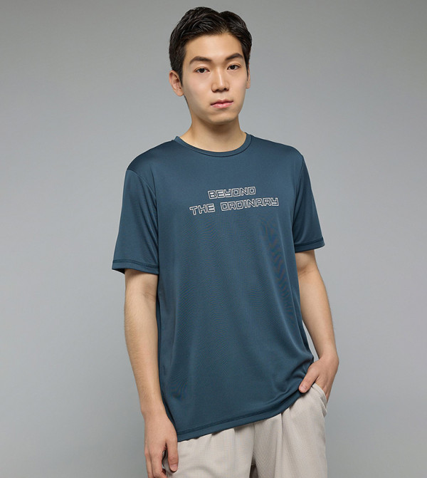 Typography Print Active T-Shirt with Crew Neck and Short Sleeves