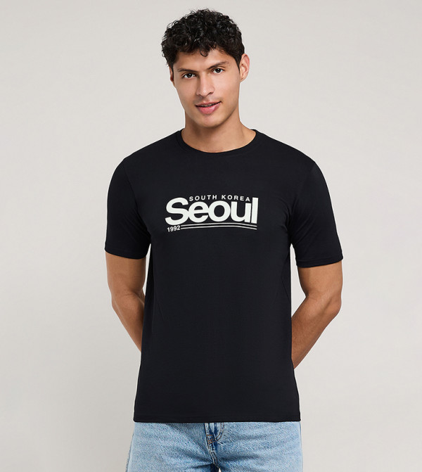 Typography Print T-Shirt with Crew Neck and Short Sleeves