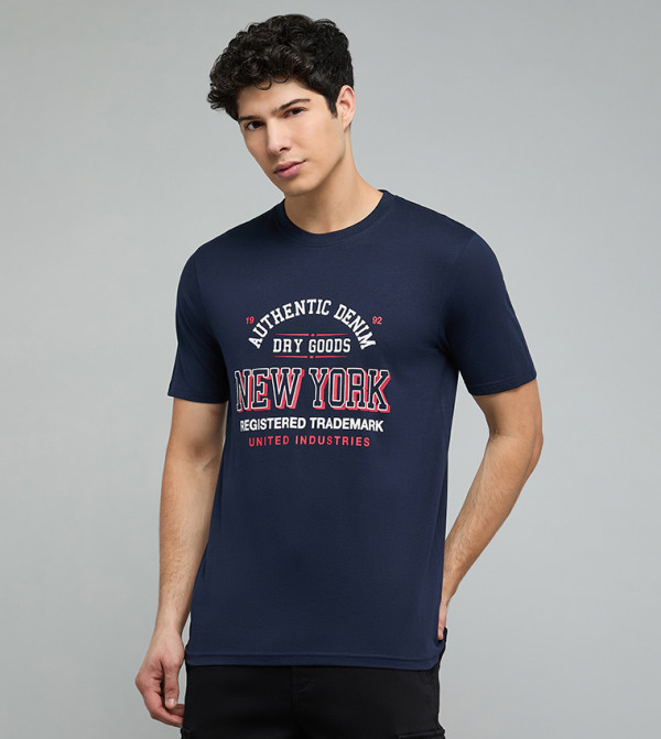 Typography Print T-Shirt with Crew Neck and Short Sleeves