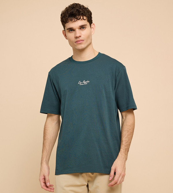 Typography Print T-Shirt with Crew Neck and Short Sleeves