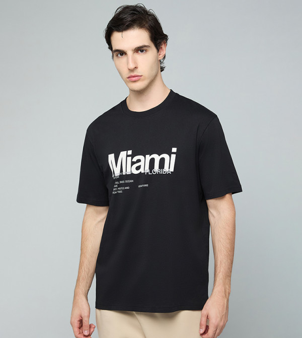 Typography Print T-Shirt with Crew Neck and Short Sleeves