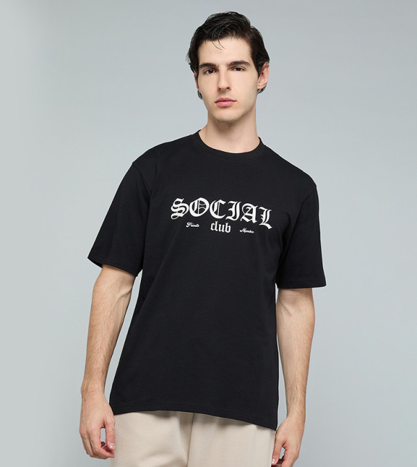 Typography Print T-Shirt with Crew Neck and Short Sleeves