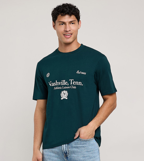 Typography Print T-Shirt with Crew Neck and Short Sleeves