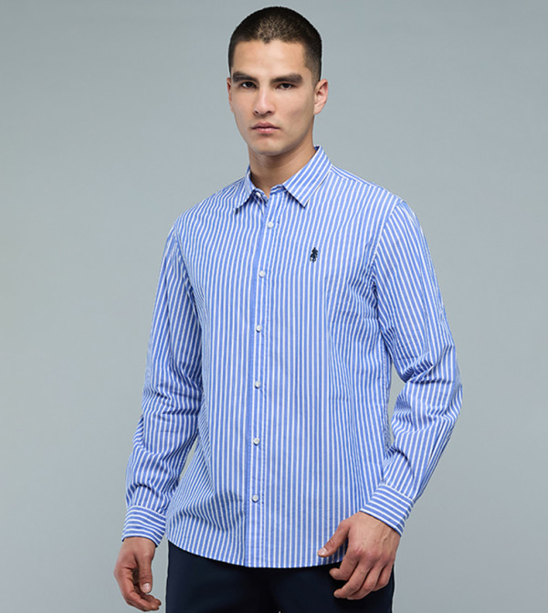 قميص مخطط كم طويل بقبة بأزرار