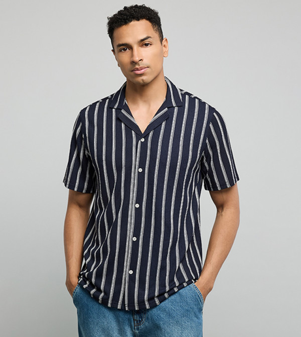 Striped Shirt with Reverse Collar and Short Sleeves