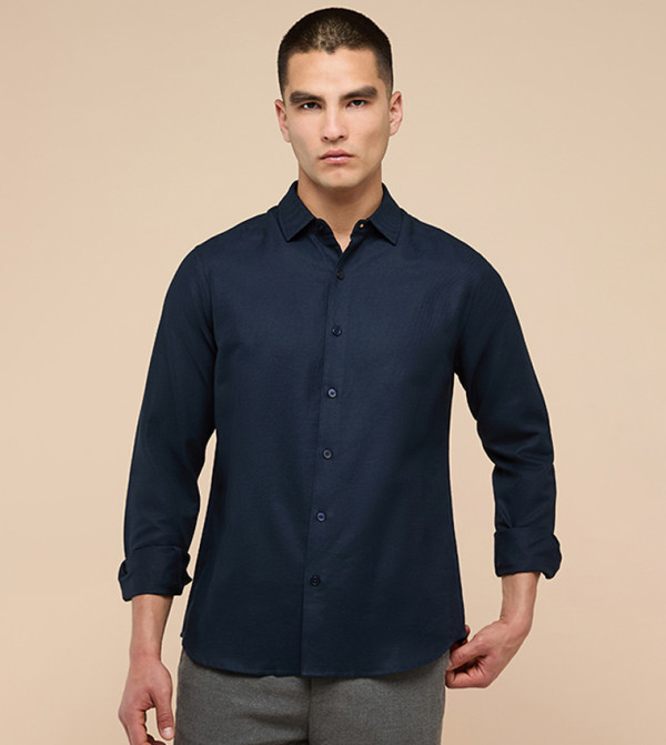 Solid Shirt with Classic Collar and Long Sleeves