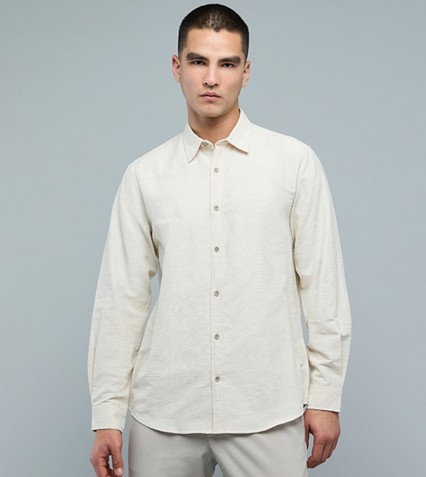 Solid Shirt with Classic Collar and Long Sleeves