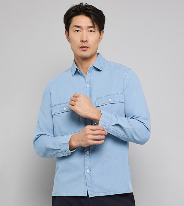 Washed Denim Shirt with Classic Collar and Long Sleeves
