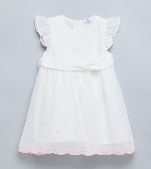 Embroidered Fit & Flare Dress with Crew Neck and Flutter Sleeves