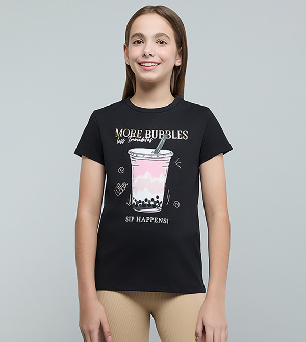 Graphic Print T-Shirt with Crew Neck and Short Sleeves