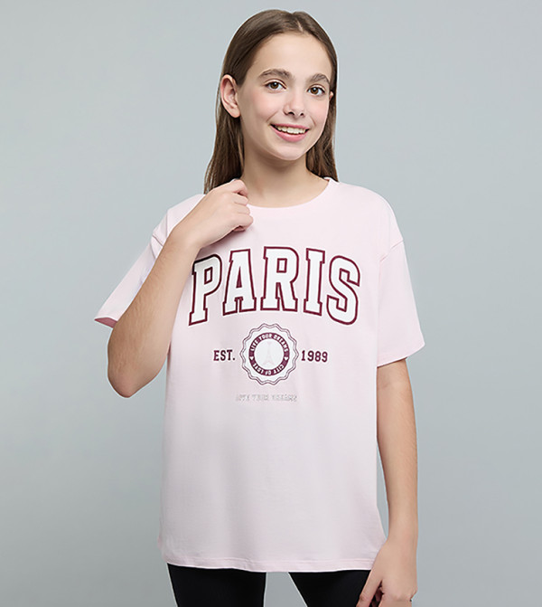 Typography Print T-Shirt with Crew Neck and Short Sleeves