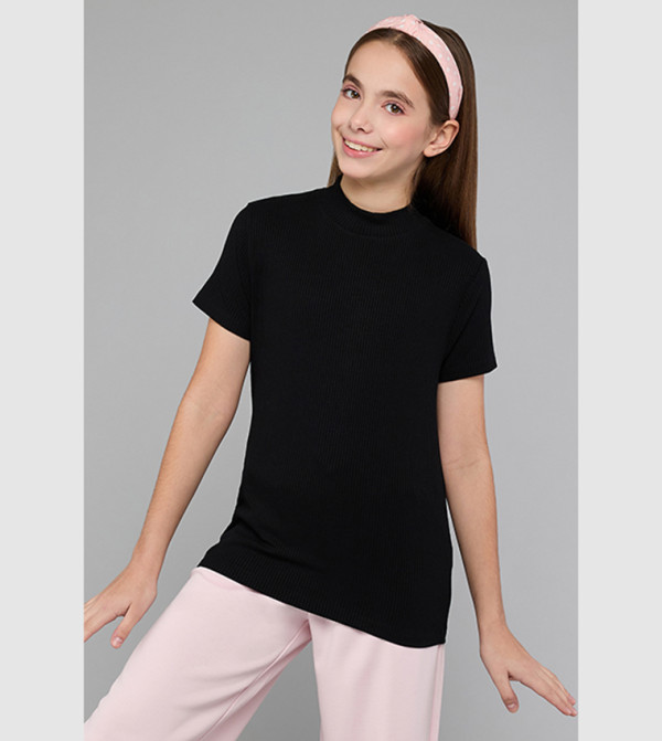Ribbed Top with High Neck and Short Sleeves