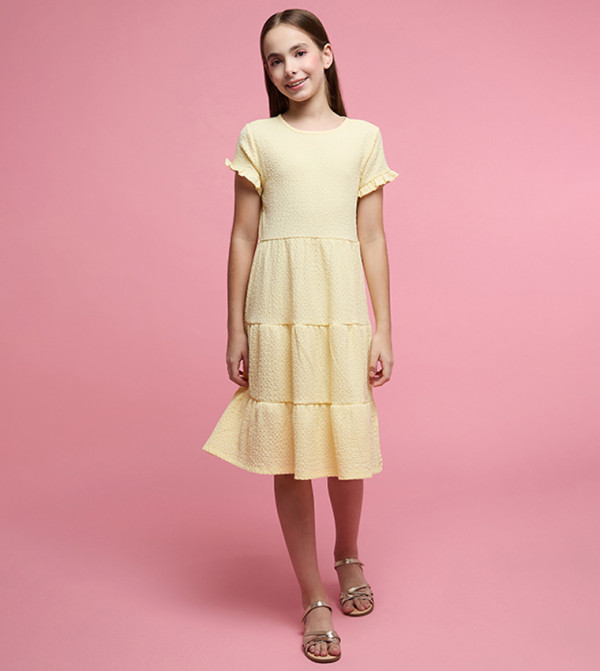 Textured Tiered Dress with Crew Neck and Short Sleeves