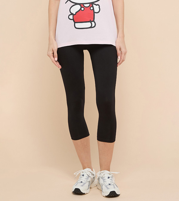 Solid 3/4 Leggings with Elastic Waist