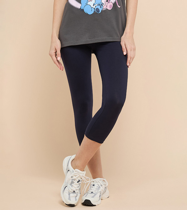 Solid 3/4 Leggings with Elastic Waist